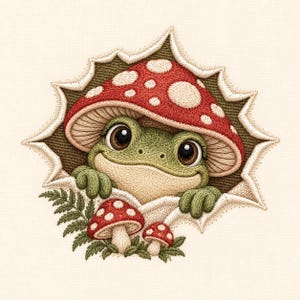 Pode incluir: Um emblema bordado apresentando um sapo verde espreitando por baixo de um cogumelo vermelho grande com pintas brancas. O design inclui dois cogumelos menores e folhas de feto verdes na base, emoldurados por uma borda dentada em estrela.