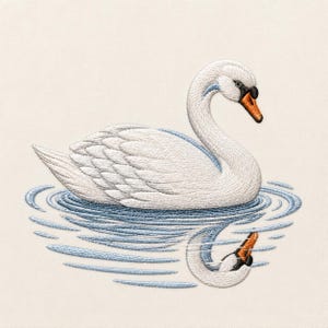 Puede incluir: Un diseño de bordado que presenta un cisne blanco con un pico naranja brillante flotando sobre el agua. El cisne está representado con un plumaje blanco detallado y un cuello largo y curvado, con su reflejo visible en el agua azul ondulante.