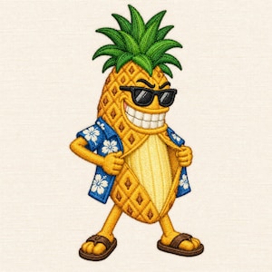Può includere: Una toppa ricamata raffigurante un personaggio ananas giallo con foglie verdi, che indossa occhiali da sole neri e una camicia hawaiana blu con fiori di ibisco bianchi. L'ananas ha un ampio sorriso e indossa infradito marroni.