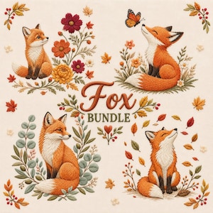 May include: An embroidery design set titled Fox BUNDLE featuring four distinct scenes of orange foxes surrounded by autumn foliage, colorful flowers, and a butterfly, all rendered in detailed thread-like textures on a cream background.