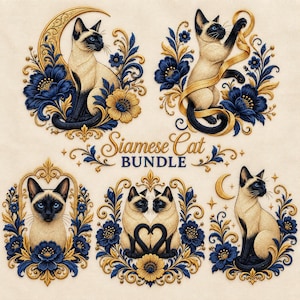 Peut inclure: Un ensemble d'illustrations numériques intitulé Siamese Cat BUNDLE présentant cinq motifs distincts de chats siamois aux yeux bleus, entourés de motifs floraux dorés et bleu foncé, de croissants de lune et de cadres décoratifs sur fond crème.
