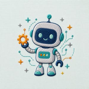 Peut inclure: Un écusson brodé représentant un robot amical avec une tête et un corps blancs, un visage bleu foncé et des accents bleu sarcelle. Le robot tient un engrenage orange, entouré de petites étoiles brodées et de lignes de circuit sur un tissu clair.