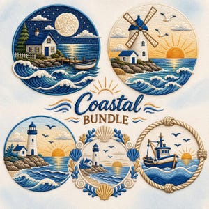 Puede incluir: Una colección de cinco diseños bordados circulares con escenas costeras que incluyen una casa a la luz de la luna, un molino al amanecer, un faro, un faro enmarcado en conchas y un barco con borde de cuerda, con el texto Coastal BUNDLE.
