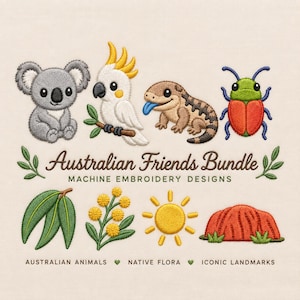 May include: Machine embroidery design set titled Australian Friends Bundle featuring a grey koala, white cockatoo, brown lizard, and green-red beetle. Below are green leaves, yellow wattle flowers, a yellow sun, and a red rock formation.