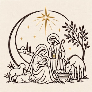 May include: An embroidery design featuring a nativity scene with a central figure holding a baby, a standing figure with a lantern and staff, a donkey, two sheep, a tree, and a large crescent moon with a bright gold star above.