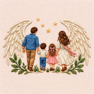 May include: An embroidered artwork depicting a family of four standing together, flanked by large cream-coloured angel wings. The figures are shown from behind, with green leafy branches at the base and three small gold stars above them.
