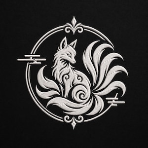 May include: A white embroidered design on a black background featuring a multi-tailed fox sitting within a circular frame. The fox has stylized fur patterns and is surrounded by decorative flourishes and horizontal cloud-like line elements.