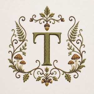 May include: An embroidery design featuring a large, dark olive green letter T centered within a decorative frame. The frame is composed of brown swirling vines, green leaves, small brown acorns, and two pairs of tan and brown mushrooms.