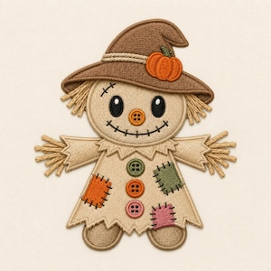 May include: An embroidered scarecrow patch featuring a brown hat with an orange pumpkin accent, a stitched smile, and a nose made of an orange button. The body includes three buttons in green, orange, and pink, with orange and green fabric patches.