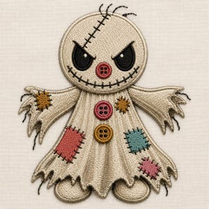 May include: An embroidered patch of a beige rag doll with a stitched mouth and angry eyes. The doll features a red button nose, two additional buttons on the torso, and several colorful patches in yellow, red, teal, and pink on its body.