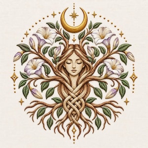 May include: An embroidered circular wall hanging featuring a central figure with closed eyes, whose hair transitions into tree branches and roots. The design includes white trumpet-shaped flowers, green leaves, and a golden crescent moon with stars.