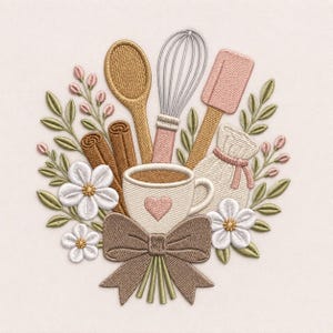 Utensilios de cocina para hornear, diseño de ramo de flores, taza de café, archivo para máquina de bordar