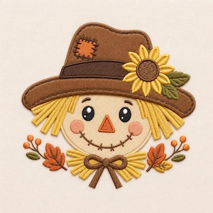 May include: An embroidered scarecrow patch featuring a brown hat with an orange patch and a yellow sunflower. The face has black eyes, a triangular orange nose, and pink cheeks. Below the head are yellow straw accents and a brown bow.