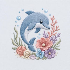 May include: An embroidery design featuring a blue dolphin swimming among colourful sea life. The scene includes pink and purple flowers, green seaweed, various seashells, and small bubbles, all rendered with detailed stitching on a light background.