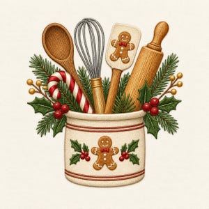 Peut inclure: Un pot en céramique décoré d'un bonhomme en pain d'épices et de houx, rempli d'une cuillère en bois, d'un fouet en métal, d'une spatule bonhomme en pain d'épices, d'un rouleau à pâtisserie, d'un sucre d'orge et de branches de pin.
