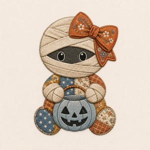 Puede incluir: Un parche bordado que muestra una momia envuelta en vendas beige con un gran lazo naranja decorado con pequeñas flores. La momia tiene ojos negros y sostiene un cubo de calabaza azul claro con un cuerpo de diseño de patchwork multicolor.