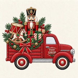 May include: A red pickup truck with the text TOY SHOP on the door, carrying a nutcracker, a rocking horse, a drum, and wrapped gifts. The truck bed is decorated with green pine branches, red berries, gold bells, and a large red bow.