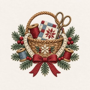 May include: An embroidered design featuring a woven basket filled with a red spool of thread, a blue and white patterned fabric square, and scissors. A measuring tape wraps around the basket, accented by pine branches, red berries, and a red bow.