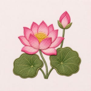 May include: An embroidered patch featuring a blooming pink lotus flower with a yellow centre, a closed pink lotus bud, and two large, scalloped green lily pads. The design uses detailed thread work to create texture and depth on a light background.