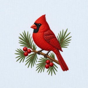 May include: An embroidered design featuring a vibrant red cardinal bird with a black face mask perched on a brown pine branch. The branch is adorned with green pine needles and small, round red berries against a solid light blue background.