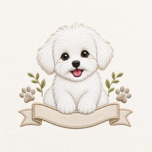 May include: An embroidered design featuring a fluffy white puppy with large dark eyes and a pink tongue, positioned above a blank beige ribbon banner. The puppy is flanked by two small green leafy sprigs and two light brown paw prints.