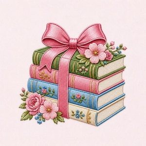 May include: An embroidered stack of four books in green, pink, blue, and cream, tied together with a large pink ribbon bow. The books are decorated with stitched floral motifs, including pink and blue flowers and green leaves on the covers.