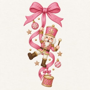 May include: An embroidered design featuring a pink nutcracker soldier holding a drumstick, suspended by a large pink ribbon bow. The scene includes two pink Christmas ornaments, several gold stars, and a small pink drum at the bottom.