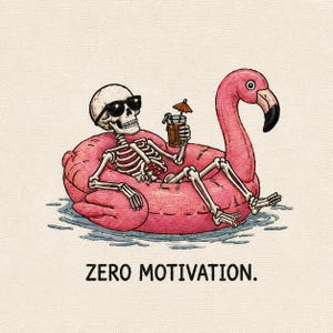 May include: A graphic illustration of a human skeleton wearing black sunglasses, lounging in a pink flamingo pool float while holding a drink with a small umbrella. The skeleton is floating on blue water, and the text ZERO MOTIVATION. is below.
