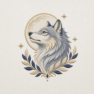 Puede incluir: Un parche bordado que muestra una cabeza de lobo de perfil, en tonos gris, azul y dorado. El lobo está enmarcado por una luna circular, estrellas doradas y una corona decorativa de hojas azules y doradas sobre un fondo blanco liso.