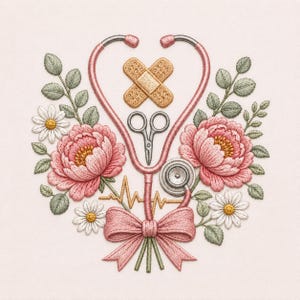 May include: An embroidery design featuring a pink stethoscope shaped like a heart, centered with a pair of silver scissors and two tan adhesive bandages. The medical tools are surrounded by pink peonies, white daisies, green leaves, and a gold heartbeat line, finished with a pink bow at the base.