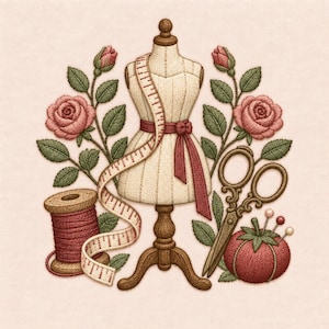 May include: An embroidery design featuring a cream-colored dress form on a wooden stand, draped with a measuring tape. It is flanked by two pink rose stems, a wooden spool of red thread, vintage-style metal scissors, and a round red pincushion.