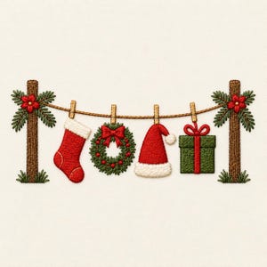May include: An embroidered design featuring a brown rope strung between two brown posts decorated with green pine branches and red flowers. Hanging from the rope are a red stocking, a green wreath with a red bow, a red Santa hat, and a green gift.