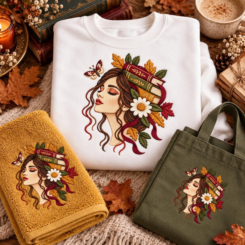 Bookish Woman Autumn Books Botanical Machine Embroidery Design - Etsy