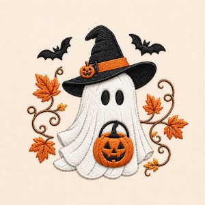 May include: An embroidered design featuring a white ghost wearing a black witch hat with an orange band and a small pumpkin accent. The ghost holds an orange jack-o'-lantern bucket, flanked by brown vines with orange maple leaves and two black bats.