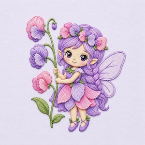 May include: An embroidered design of a fairy with purple hair, a flower crown, and wings, wearing a petal-shaped dress. The fairy holds a tall green stem with pink and purple blossoms. The embroidery features detailed stitching and vibrant colours.