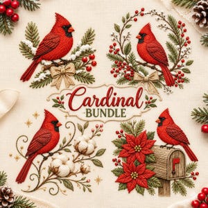 May include: An embroidery design set titled Cardinal BUNDLE featuring four distinct scenes of bright red cardinal birds with black face masks, accented by green pine branches, red berries, white cotton bolls, a wooden mailbox, and tan bows.