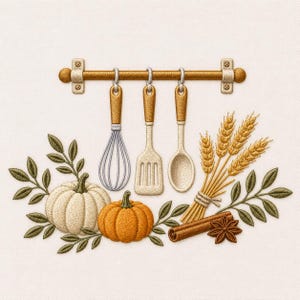 May include: An embroidery design featuring a horizontal kitchen rail with a whisk, spatula, and spoon. Below are a white pumpkin, an orange pumpkin, green leaves, a bundle of wheat stalks, a cinnamon stick, and a star anise on a light fabric.