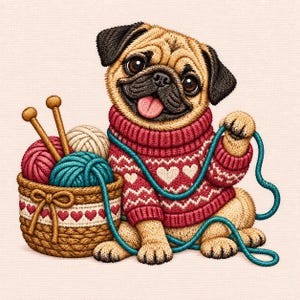 Könnte beinhalten: Ein beigefarbener Mops mit schwarzer Schnauze trägt einen roten Strickpullover mit weißen Herzmustern. Der Mops sitzt neben einem geflochtenen Korb mit roten, weißen und türkisfarbenen Wollknäueln und zwei herausragenden Stricknadeln aus Holz.