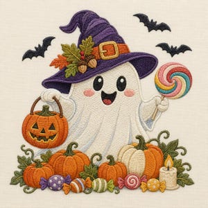 May include: An embroidered design featuring a white ghost wearing a purple witch hat with autumn leaves and acorns. The ghost holds an orange jack-o'-lantern bucket and a colorful swirl lollipop. Surrounded by pumpkins, candies, and two black bats.