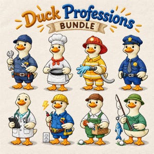 May include: An embroidered graphic set titled Duck Professions BUNDLE featuring eight ducks dressed as a mechanic, chef, firefighter, police officer, doctor, electrician, gardener, and fisherman, each holding tools or items related to their specific profession.