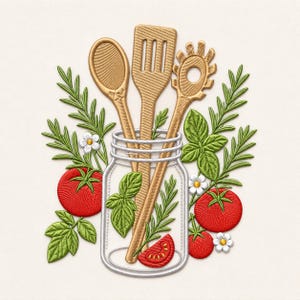 May include: An embroidery design featuring a clear glass mason jar filled with three wooden kitchen utensils, including a spoon, a slotted turner, and a pasta fork, surrounded by red tomatoes, green basil leaves, rosemary sprigs, and small white flowers.
