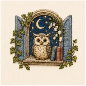 以下が含まれることがあります： 窓辺に止まる茶色のフクロウが刺繍された壁掛け。青い鎧戸、緑のアイビーの蔓、2冊の小さな本、そして三日月と星が輝く夜空が、細部まで丁寧に刺繍で表現されています。