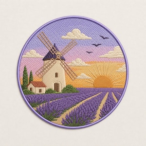 Lavender Mill Sunset Field Art Machine Embroidery Design Farm Scene Stitch Pattern