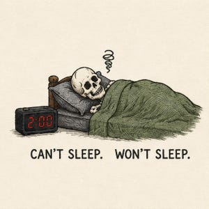 May include: A graphic illustration of a human skull lying in a bed with a green blanket and a gray pillow. A black digital alarm clock displays the time 2:00 in red. Above the skull is a swirling line. The text reads: CAN'T SLEEP. WON'T SLEEP.
