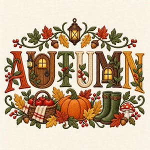 May include: An embroidered design featuring the word AUTUMN in large, decorative letters. The letters are adorned with a lantern, a wooden door, and a window. Below are a basket of red apples, a large orange pumpkin, green boots, and a mushroom.