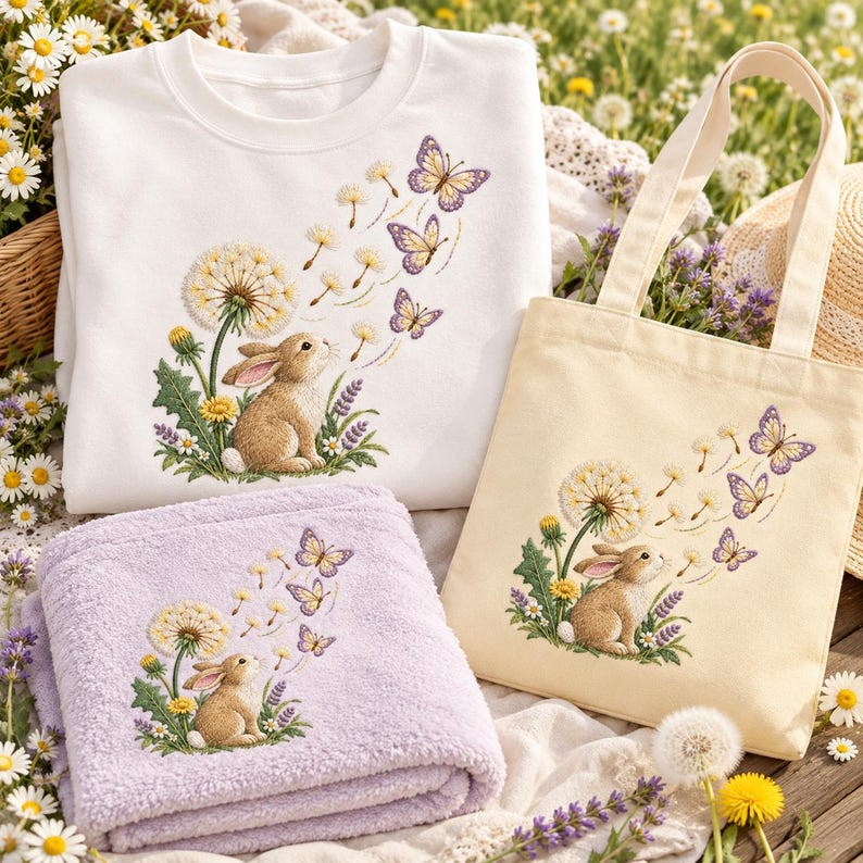 Sitting Rabbit Template Bunny Dandelion Embroidery Design Meadow Floral Machine Stitch Digital ...