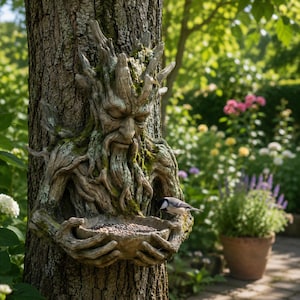 May include: A tree-mounted garden sculpture depicting a weathered, moss-covered forest spirit with a human-like face and beard. The figure holds a bowl filled with birdseed in its hands, while a small black and white bird perches on the edge.