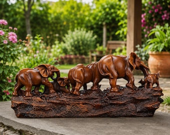 Lucky Seven Elephant Family Statue, Feng Shui Home and Garden Decor, Prosperity Figurine