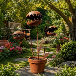 Retro Carnivorous Plant Garden Stake, Rusty Metal Venus Flytrap Sculpture, Outdoor Yard Decor