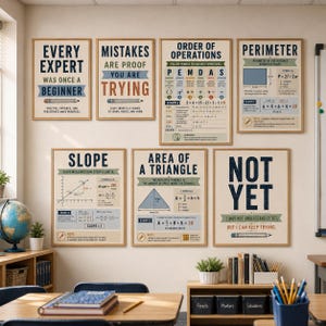 May include: A collection of seven educational wall posters featuring maths concepts and motivational quotes. The posters display text including Order of Operations, Perimeter, Slope, and Area of a Triangle, with diagrams, formulas, and pencil illustrations.